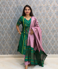 Green with Violet color Premium Handloom Poochampally Sico Silk 3 Piece Salwar Set / LSS300