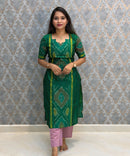 Green with Violet color Premium Handloom Poochampally Sico Silk 3 Piece Salwar Set / LSS300