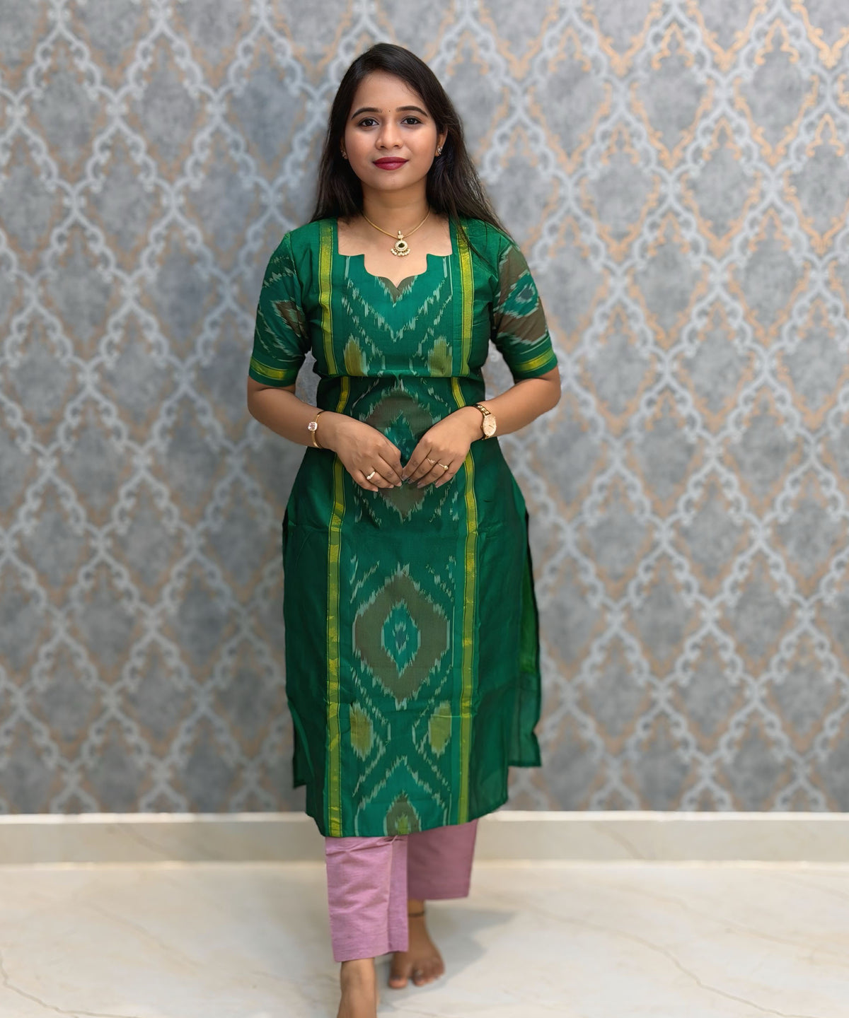 Green with Violet color Premium Handloom Poochampally Sico Silk 3 Piece Salwar Set / LSS300