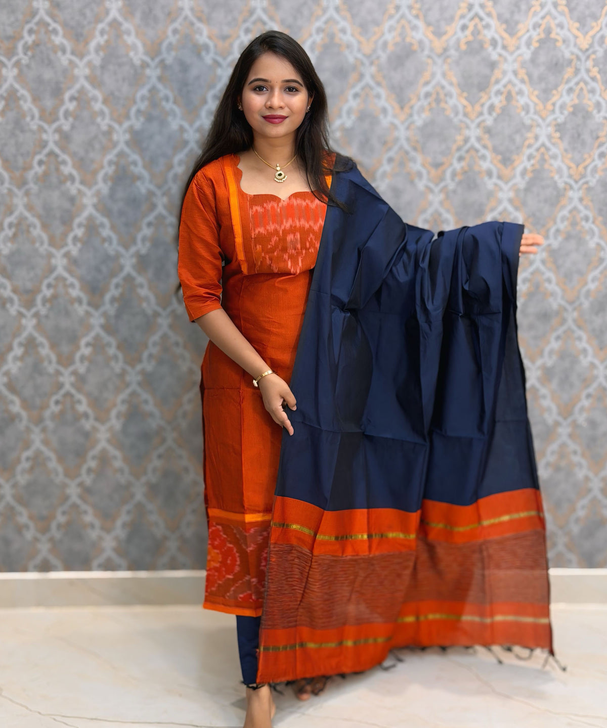 Orange with Navy Blue Premium Handloom Poochampally Sico Silk 3 Piece Salwar Set / LSS300