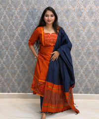 Orange with Navy Blue Premium Handloom Poochampally Sico Silk 3 Piece Salwar Set / LSS300