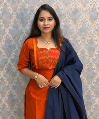 Orange with Navy Blue Premium Handloom Poochampally Sico Silk 3 Piece Salwar Set / LSS300