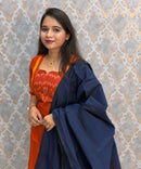 Orange with Navy Blue Premium Handloom Poochampally Sico Silk 3 Piece Salwar Set / LSS300