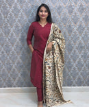 Maroon Premium Handloom Raw Silk 3 Piece Salwar Set with Lining / HL020