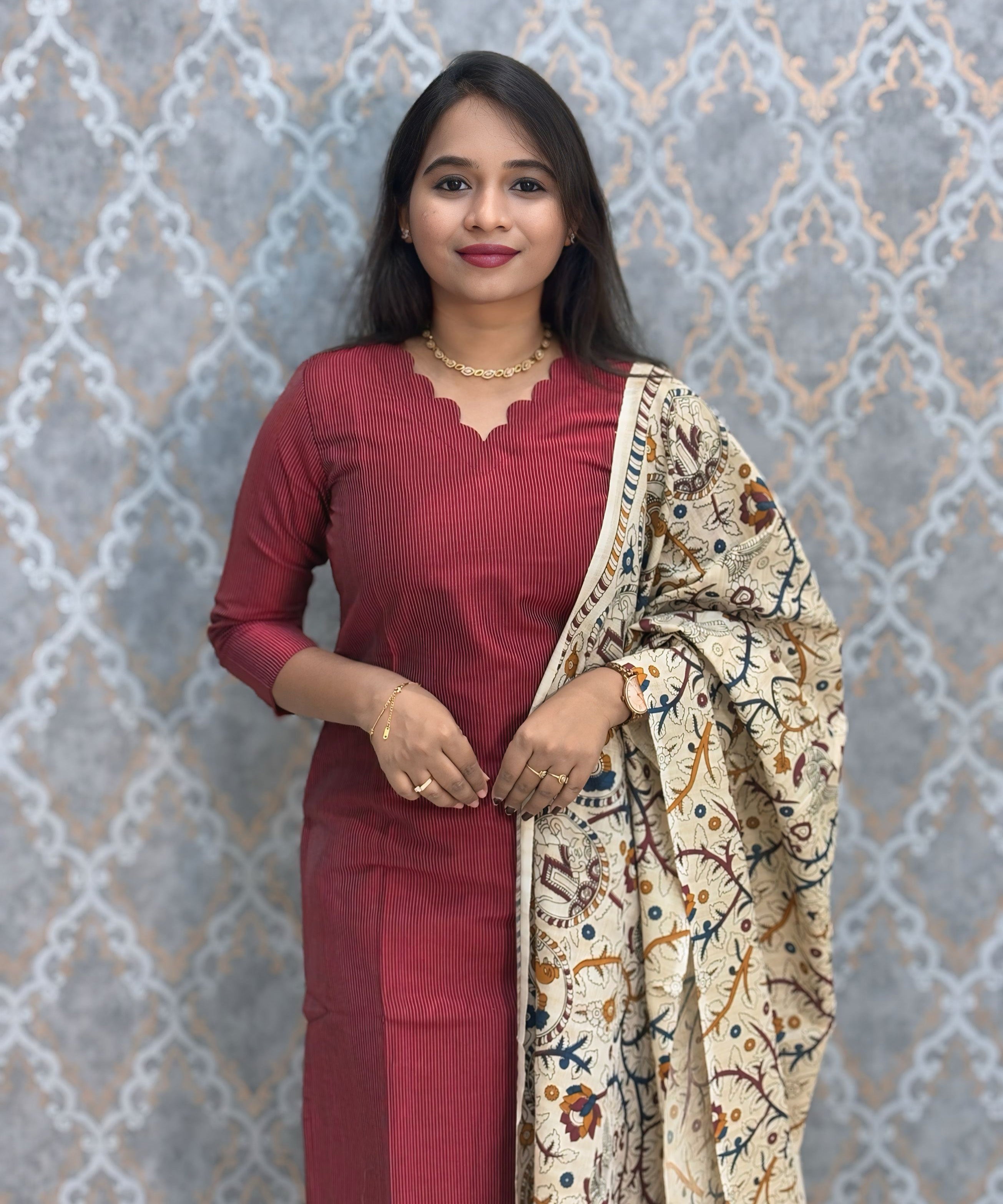 Maroon Premium Handloom Raw Silk 3 Piece Salwar Set with Lining / HL020