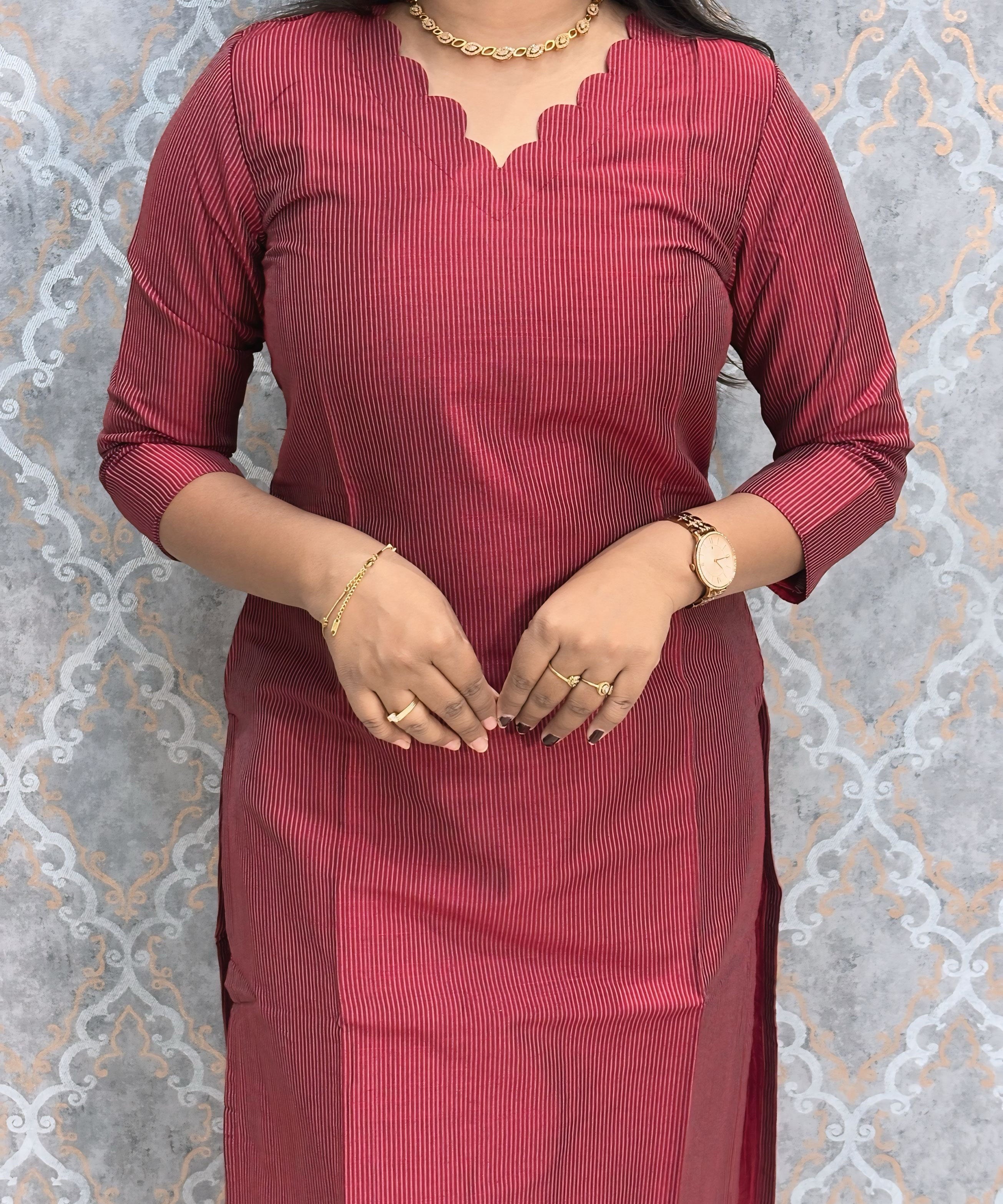 Maroon Premium Handloom Raw Silk 3 Piece Salwar Set with Lining / HL020