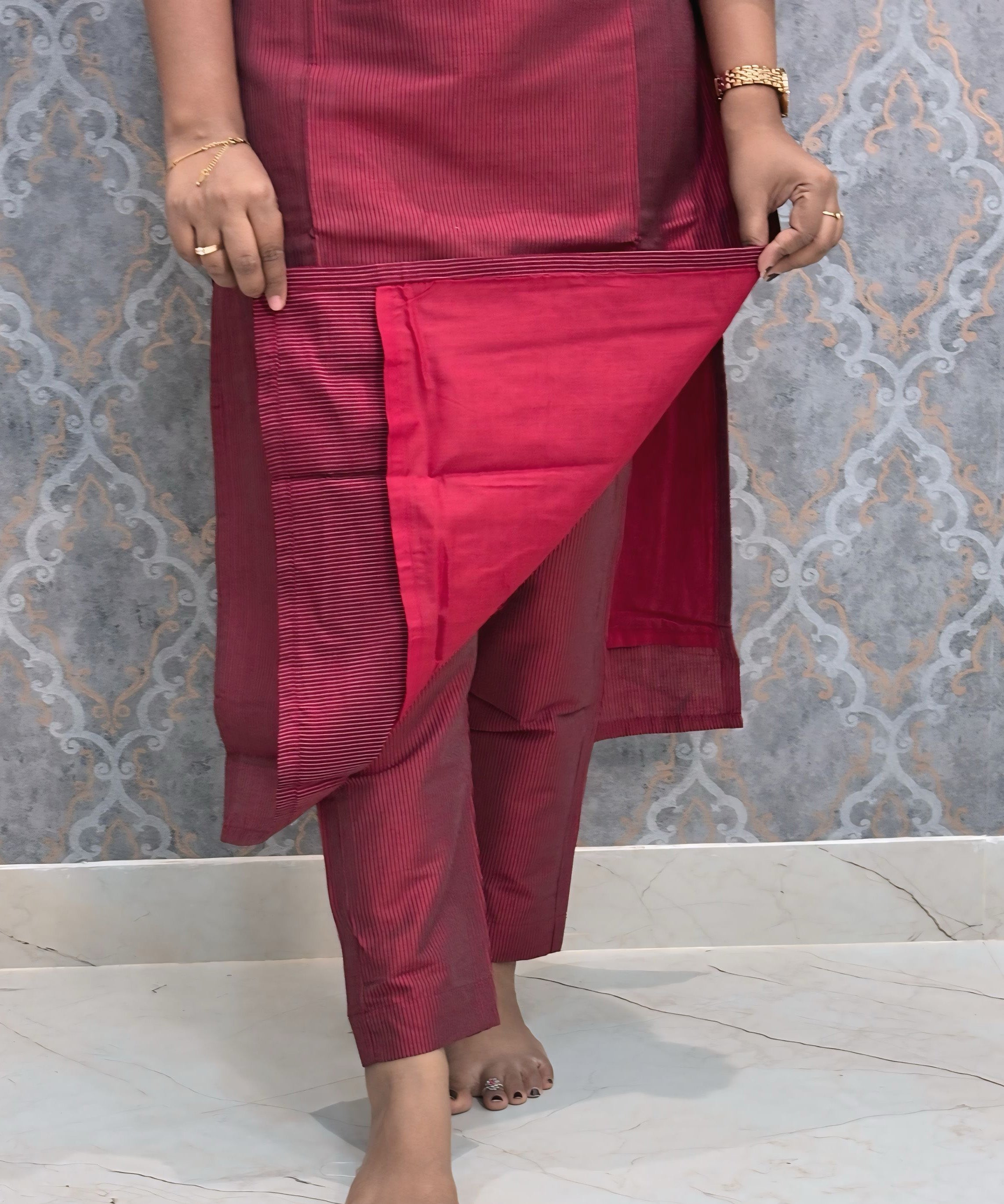 Maroon Premium Handloom Raw Silk 3 Piece Salwar Set with Lining / HL020