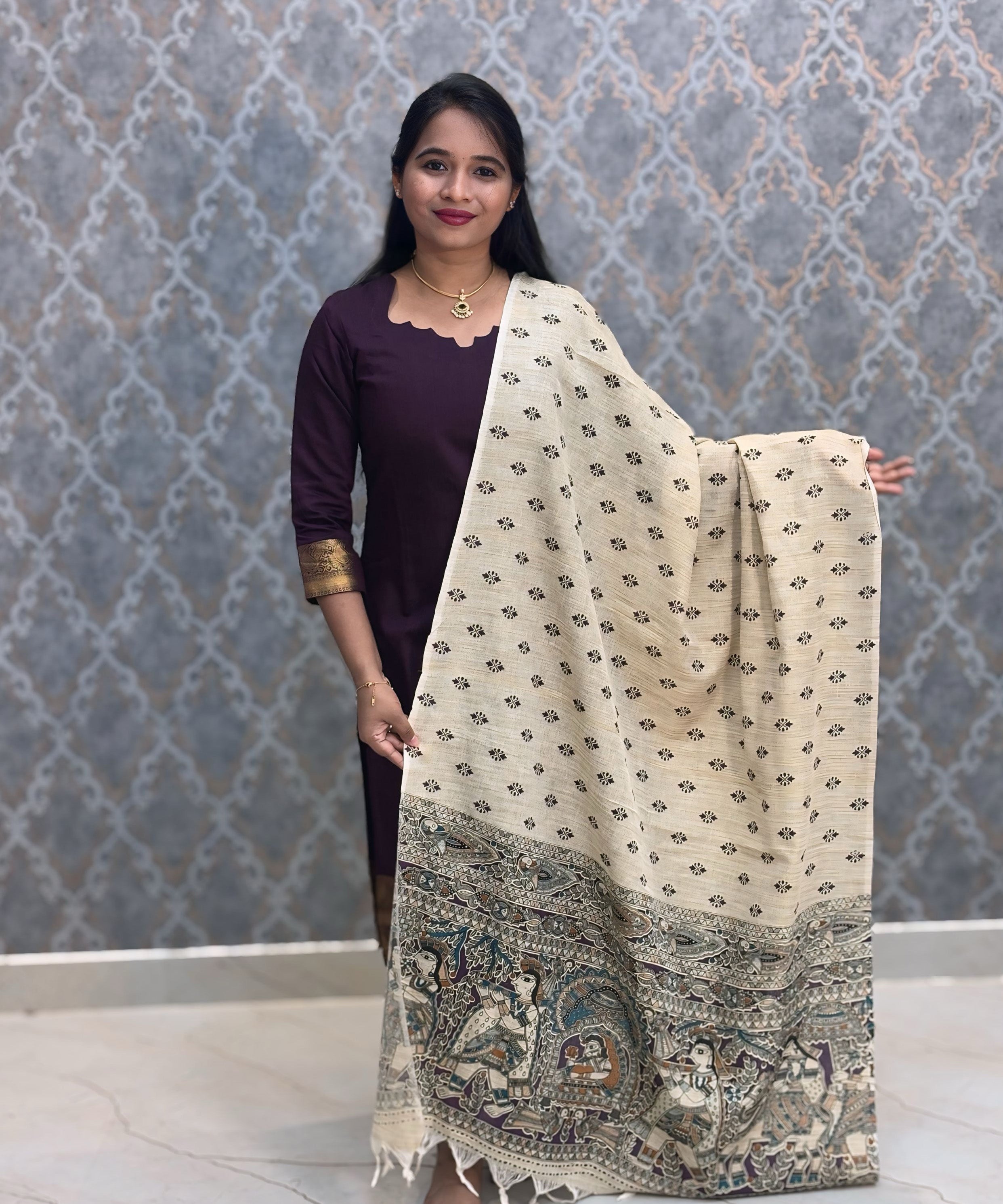 Wine Color Premium Handloom Kota Jacquard Border Silk Cotton Kurti and Silk Cotton Dupatta / HL022