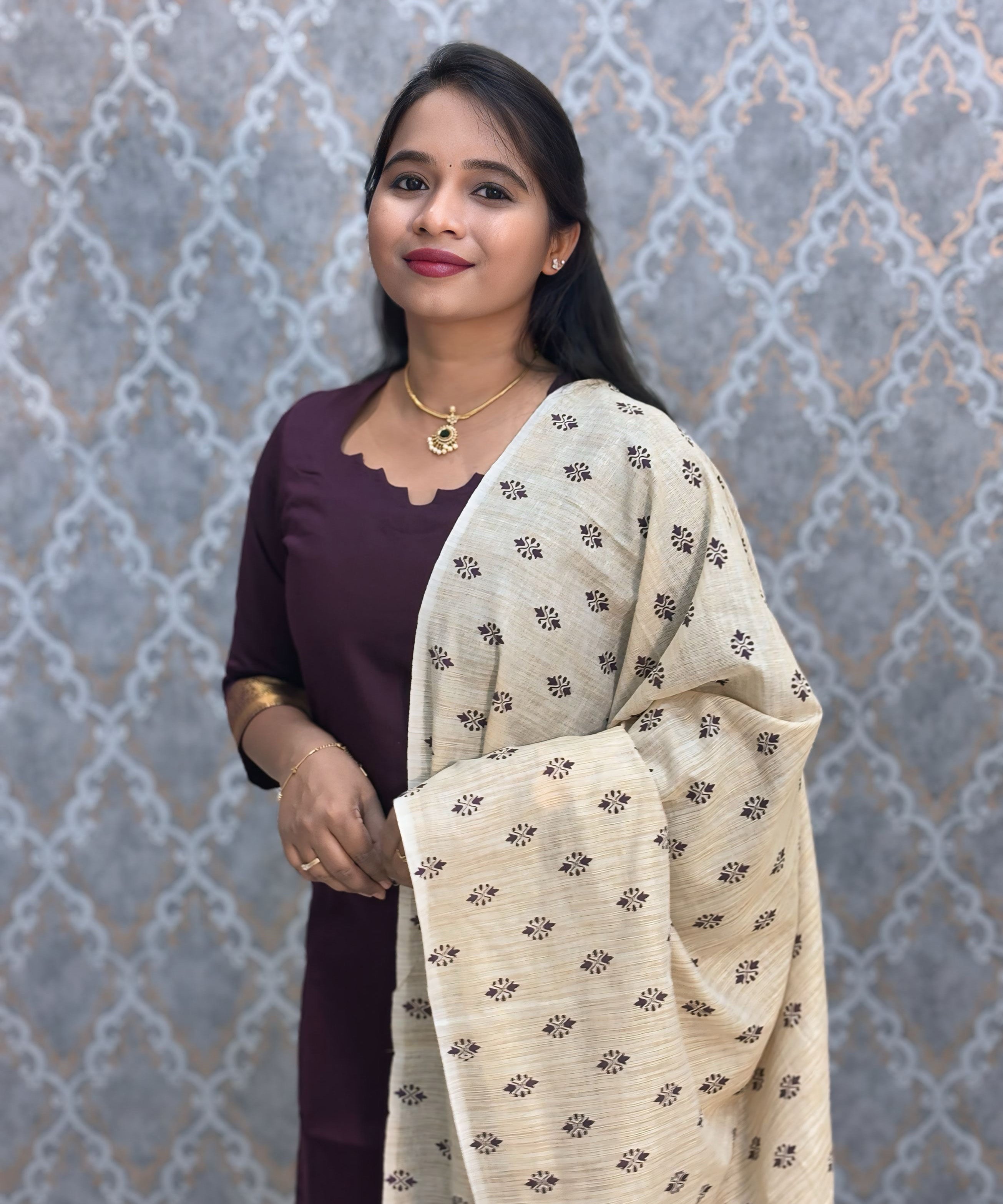 Wine Color Premium Handloom Kota Jacquard Border Silk Cotton Kurti and Silk Cotton Dupatta / HL022