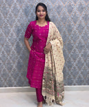 Magenta Pink Premium Handloom Raw Silk 3 Piece Salwar Set with Lining / HL019