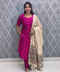 Magenta Pink Premium Handloom Raw Silk 3 Piece Salwar Set with Lining / HL019