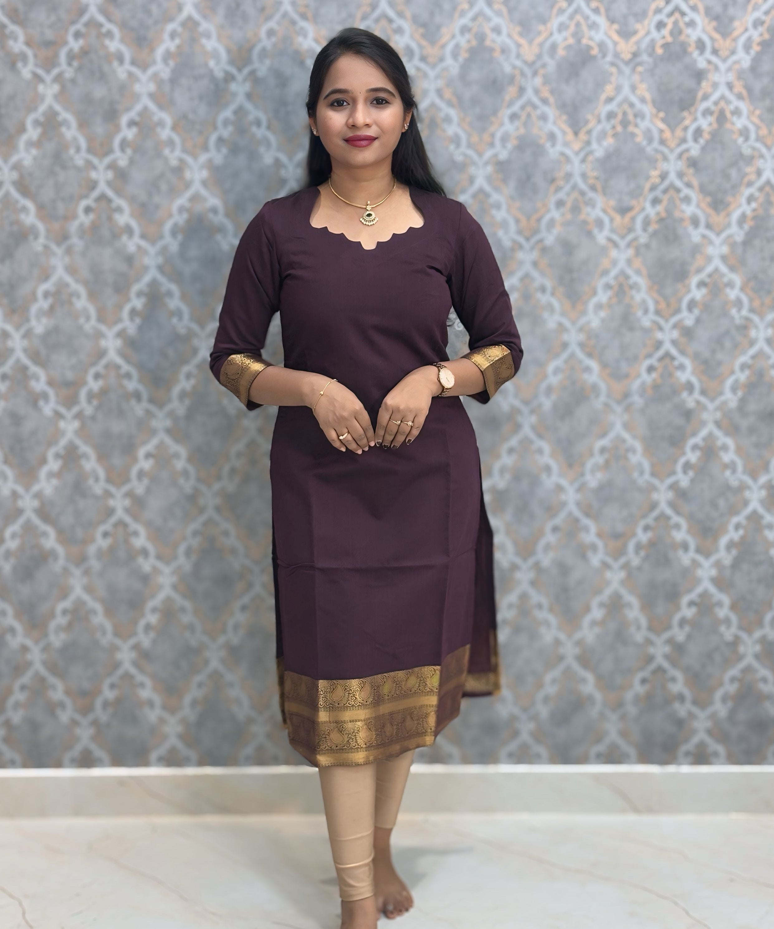 Wine Color Premium Handloom Kota Jacquard Border Silk Cotton Kurti and Silk Cotton Dupatta / HL022