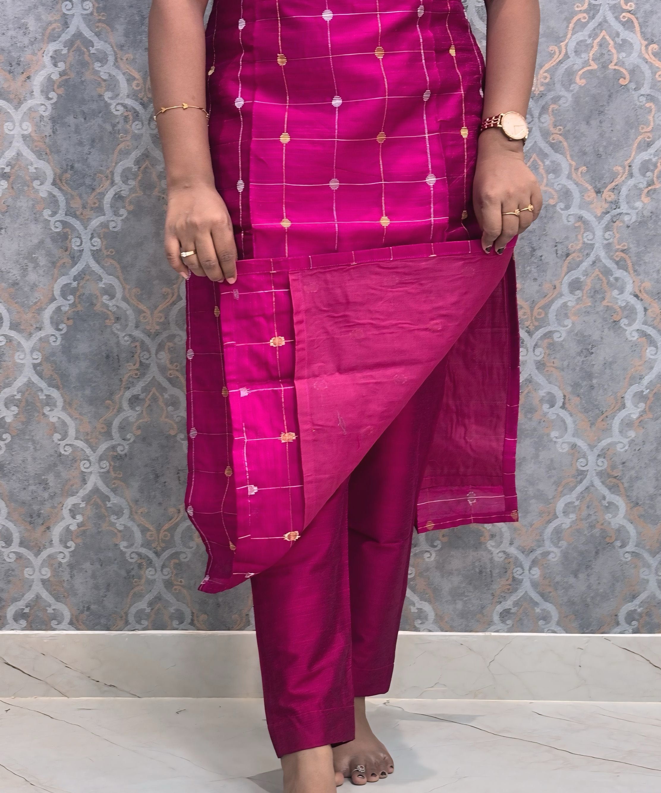 Magenta Pink Premium Handloom Raw Silk 3 Piece Salwar Set with Lining / HL019