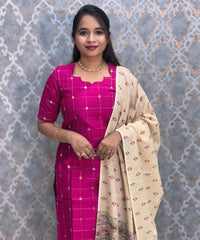 Magenta Pink Premium Handloom Raw Silk 3 Piece Salwar Set with Lining / HL019