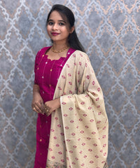 Magenta Pink Premium Handloom Raw Silk 3 Piece Salwar Set with Lining / HL019