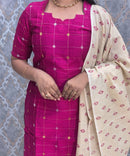 Magenta Pink Premium Handloom Raw Silk 3 Piece Salwar Set with Lining / HL019