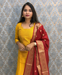 Yellow and Red Color Premium Handloom Raw Silk 3 Piece Salwar Set with Lining and Pocket / HL025
