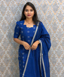Blue Color Premium Handloom Raw Silk 3 Piece Salwar Set with Lining and Pocket / HL023