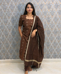 Brown Color Premium Handloom Raw Silk 3 Piece Salwar Set with Lining and Pocket / HL024