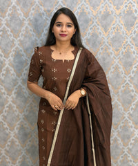 Brown Color Premium Handloom Raw Silk 3 Piece Salwar Set with Lining and Pocket / HL024
