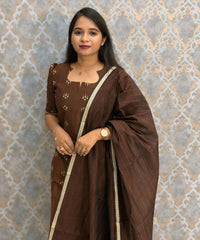 Brown Color Premium Handloom Raw Silk 3 Piece Salwar Set with Lining and Pocket / HL024
