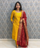 Yellow and Red Color Premium Handloom Raw Silk 3 Piece Salwar Set with Lining and Pocket / HL025
