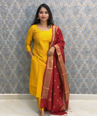 Yellow and Red Color Premium Handloom Raw Silk 3 Piece Salwar Set with Lining and Pocket / HL025