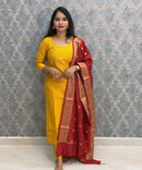 Yellow and Red Color Premium Handloom Raw Silk 3 Piece Salwar Set with Lining and Pocket / HL025