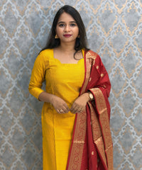 Yellow and Red Color Premium Handloom Raw Silk 3 Piece Salwar Set with Lining and Pocket / HL025