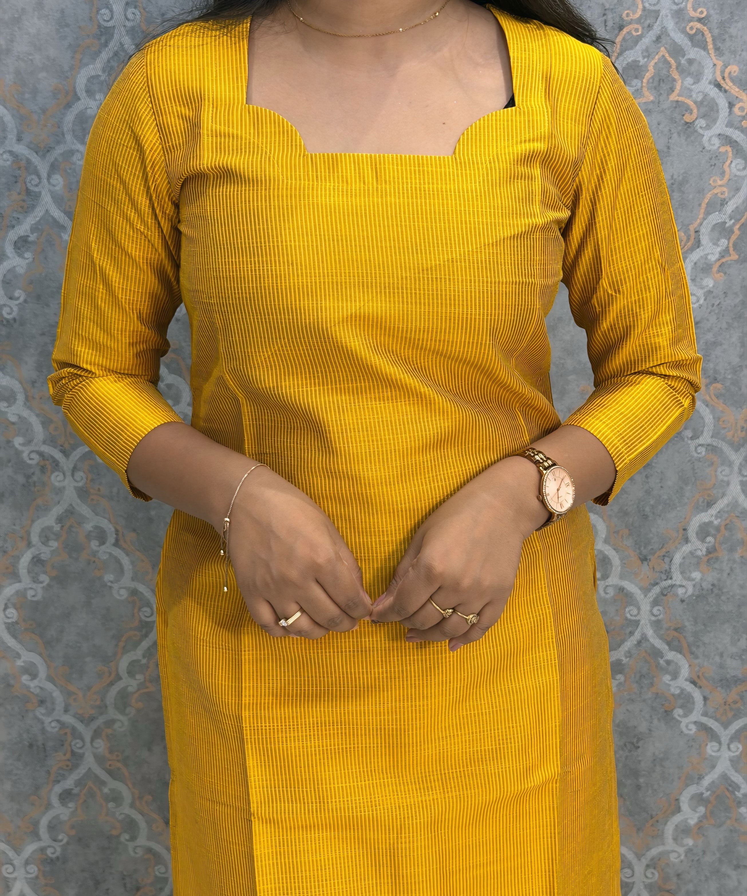 Yellow and Red Color Premium Handloom Raw Silk 3 Piece Salwar Set with Lining and Pocket / HL025