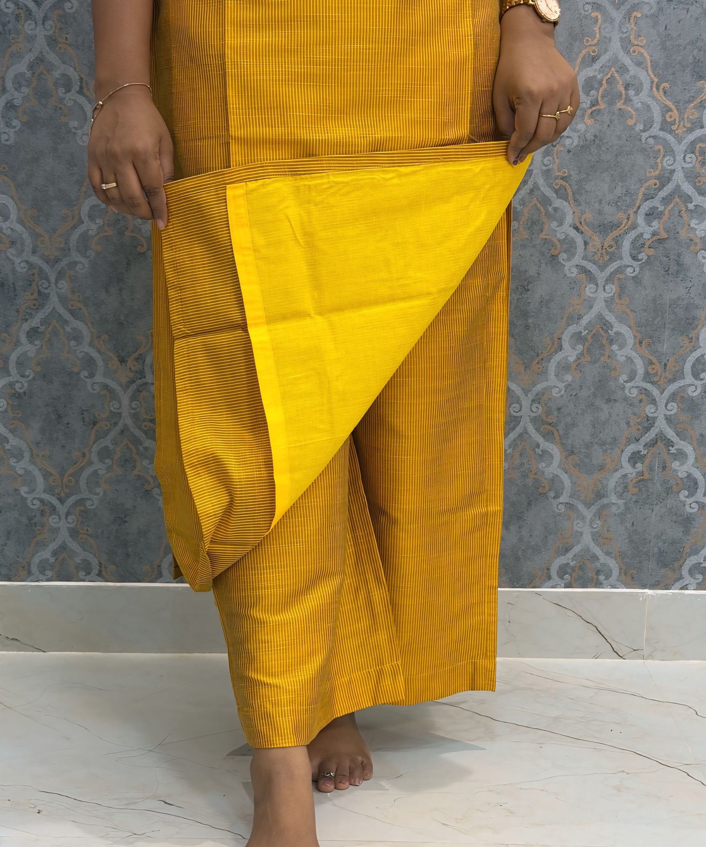 Yellow and Red Color Premium Handloom Raw Silk 3 Piece Salwar Set with Lining and Pocket / HL025