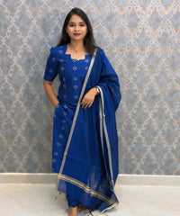 Blue Color Premium Handloom Raw Silk 3 Piece Salwar Set with Lining and Pocket / HL023