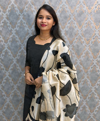 Black Color Premium Handloom Raw Silk 3 Piece Salwar Set with Lining and Pocket / HL047