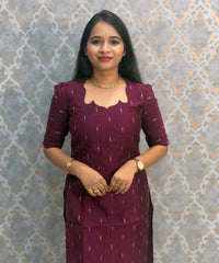 Wine Color Premium Handloom Raw Silk Cotton Kurti and Tussar Silk Floral Print Dupatta / HL041