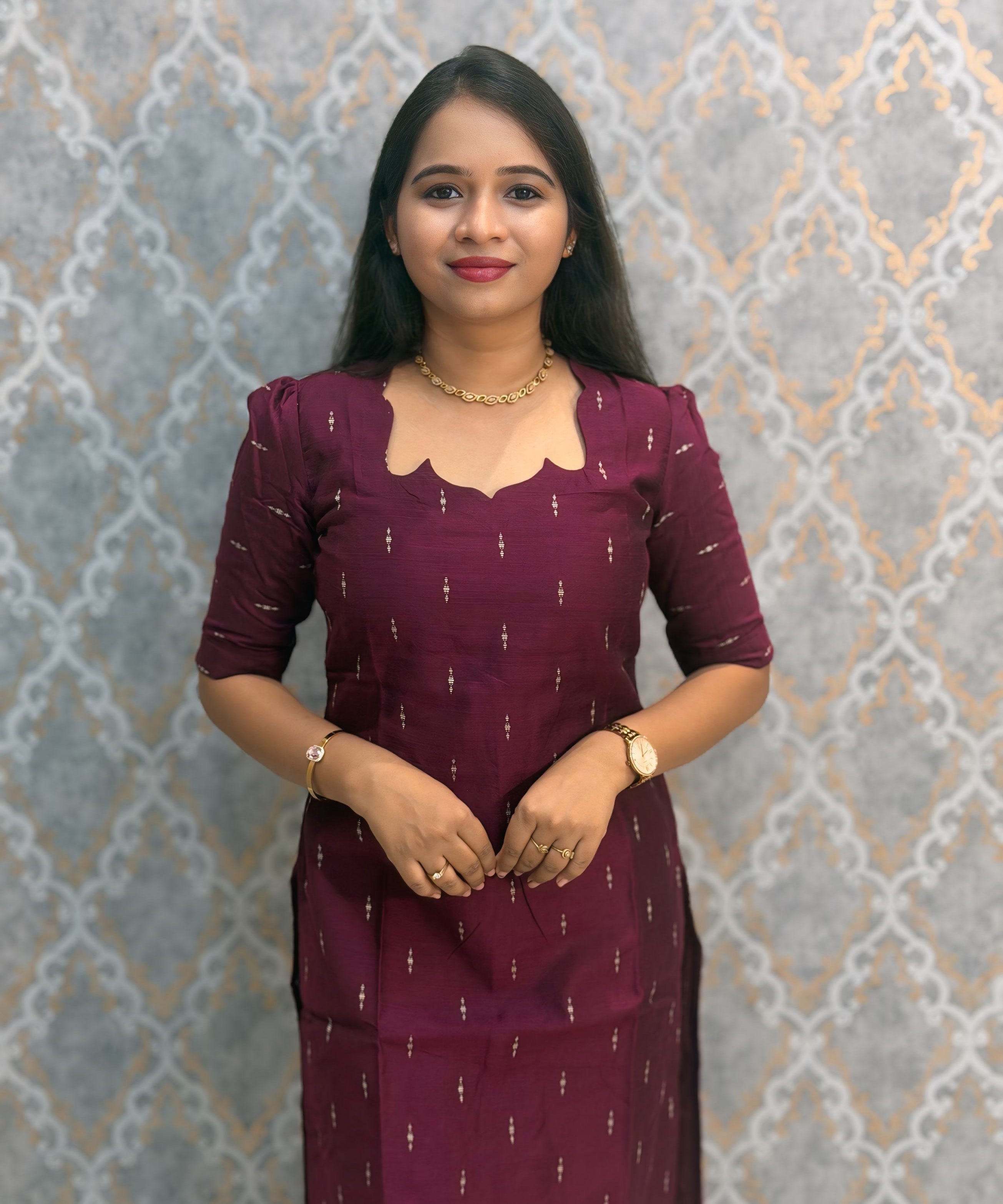 Wine Color Premium Handloom Raw Silk Cotton Kurti and Tussar Silk Floral Print Dupatta / HL041