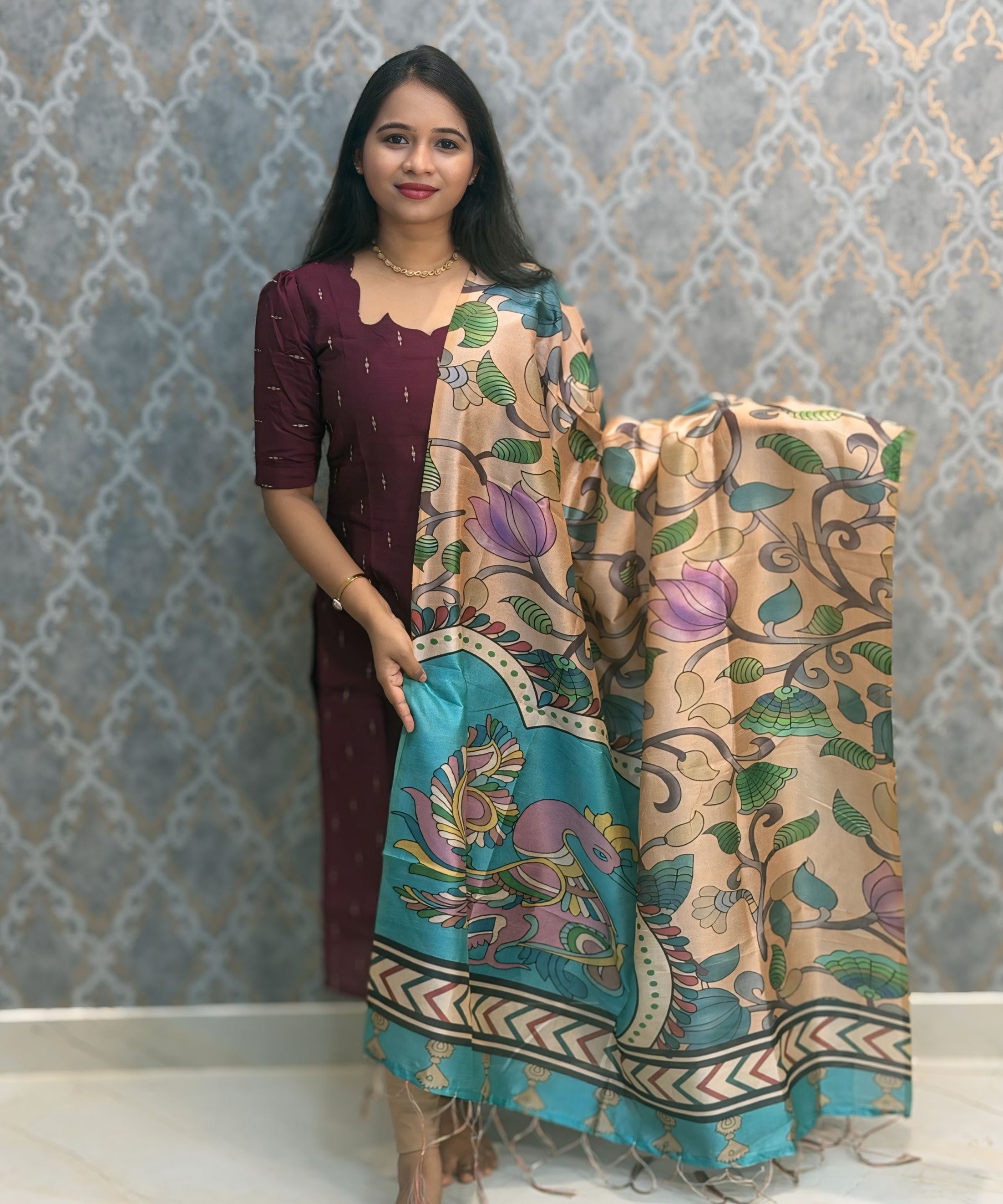 Wine Color Premium Handloom Raw Silk Cotton Kurti and Tussar Silk Floral Print Dupatta / HL041