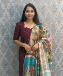 Wine Color Premium Handloom Raw Silk Cotton Kurti and Tussar Silk Floral Print Dupatta / HL041
