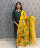 Dark Green with Yellow Color Premium Handloom Raw Silk Cotton Kurti and Tussar Silk Floral Print Dupatta / HL044