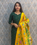 Dark Green with Yellow Color Premium Handloom Raw Silk Cotton Kurti and Tussar Silk Floral Print Dupatta / HL044