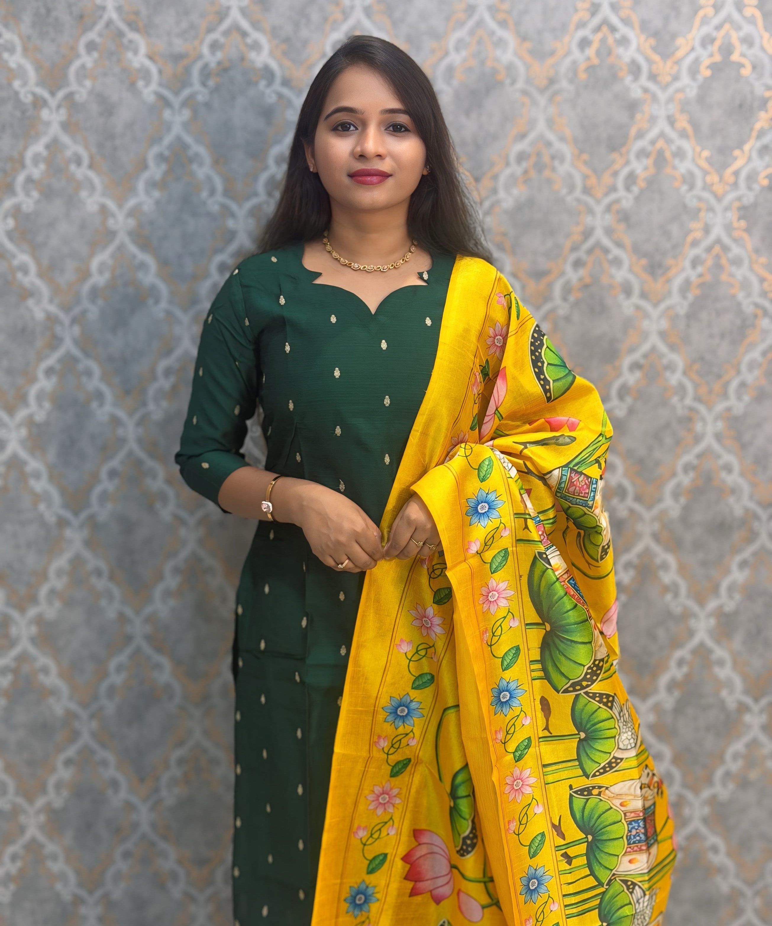 Dark Green with Yellow Color Premium Handloom Raw Silk Cotton Kurti and Tussar Silk Floral Print Dupatta / HL044