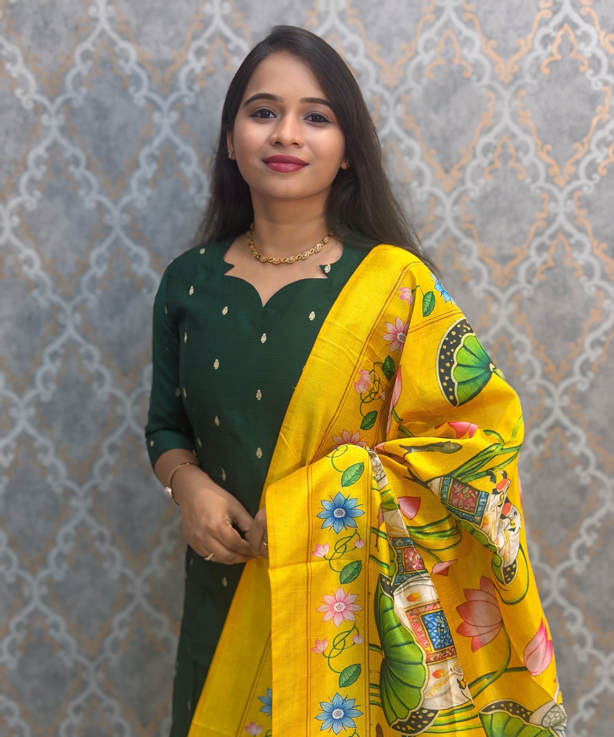 Dark Green with Yellow Color Premium Handloom Raw Silk Cotton Kurti and Tussar Silk Floral Print Dupatta / HL044