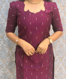 Wine Color Premium Handloom Raw Silk Cotton Kurti and Tussar Silk Floral Print Dupatta / HL041