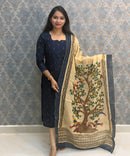 Navy Blue Color Premium Handloom Raw Silk Cotton Kurti and Tussar Silk Floral Print Dupatta / HL045
