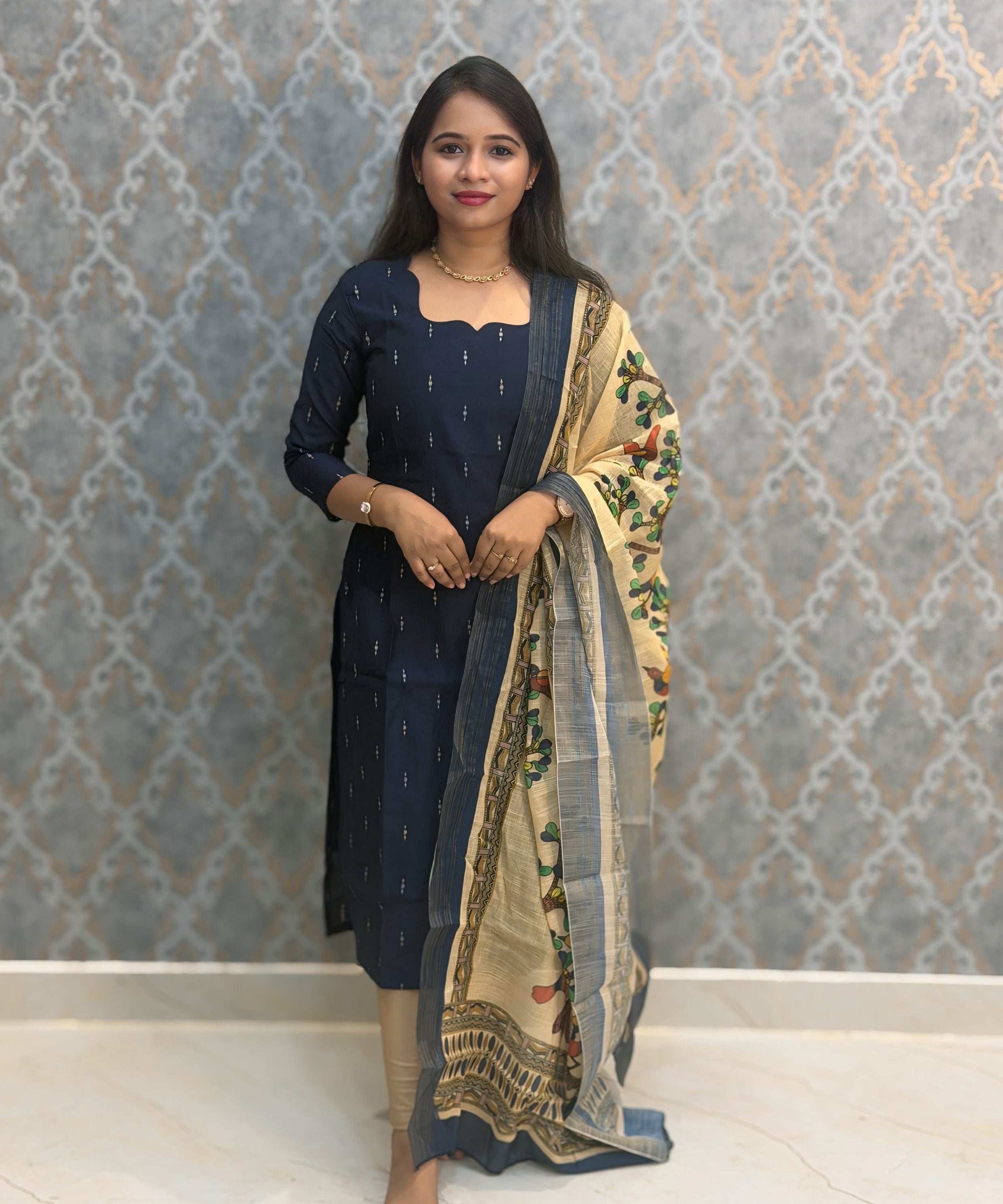 Navy Blue Color Premium Handloom Raw Silk Cotton Kurti and Tussar Silk Floral Print Dupatta / HL045