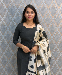 Black Color Premium Handloom Raw Silk 3 Piece Salwar Set with Lining and Pocket / HL047