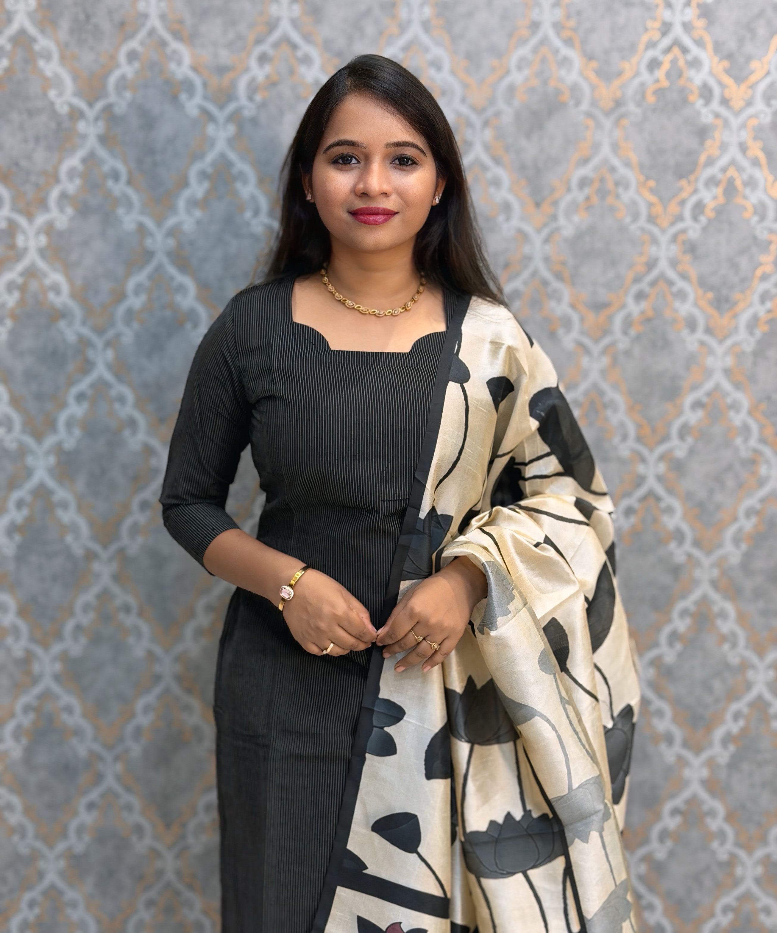 Black Color Premium Handloom Raw Silk 3 Piece Salwar Set with Lining and Pocket / HL047