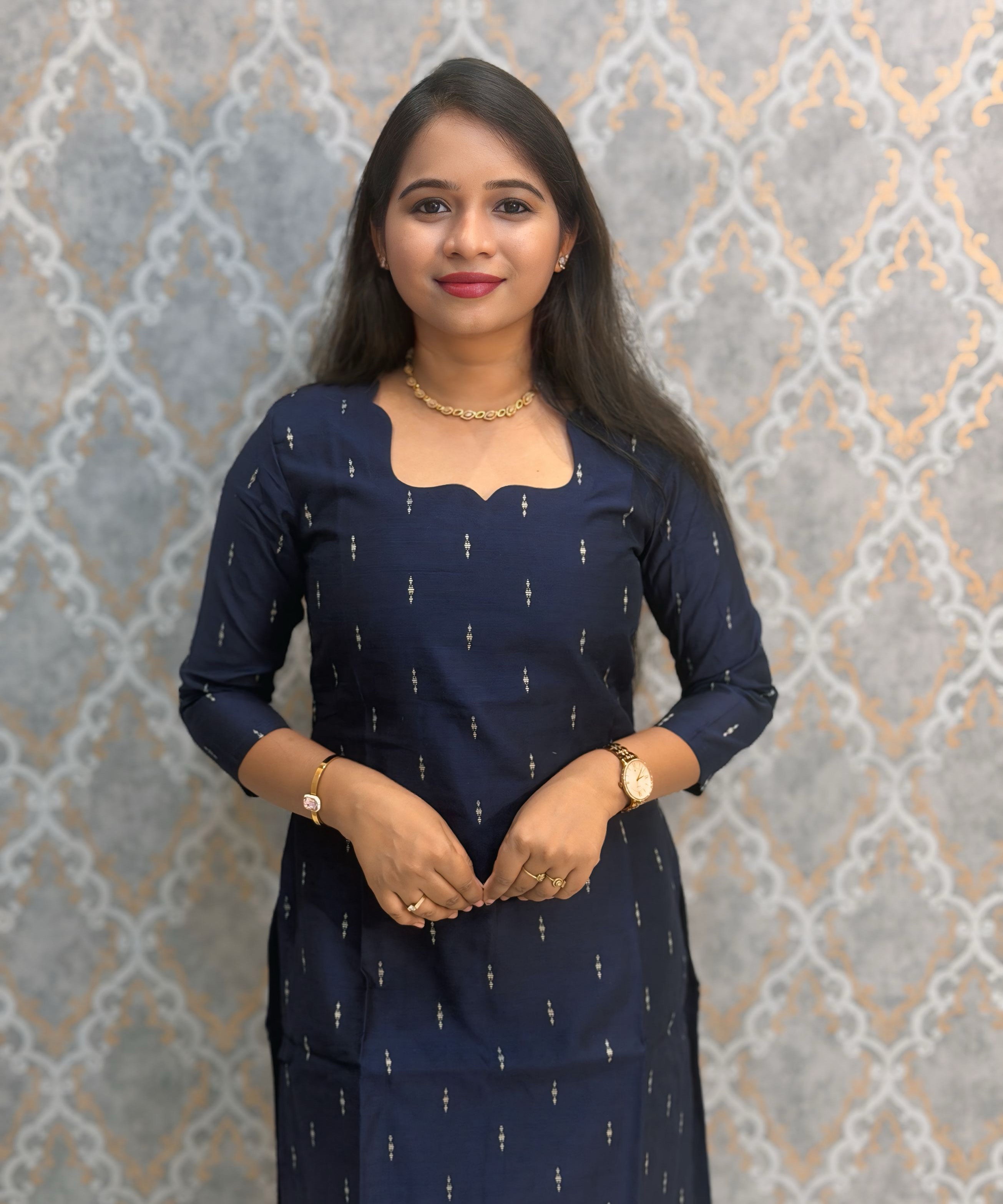 Navy Blue Color Premium Handloom Raw Silk Cotton Kurti and Tussar Silk Floral Print Dupatta / HL045