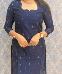 Navy Blue Color Premium Handloom Raw Silk Cotton Kurti and Tussar Silk Floral Print Dupatta / HL045