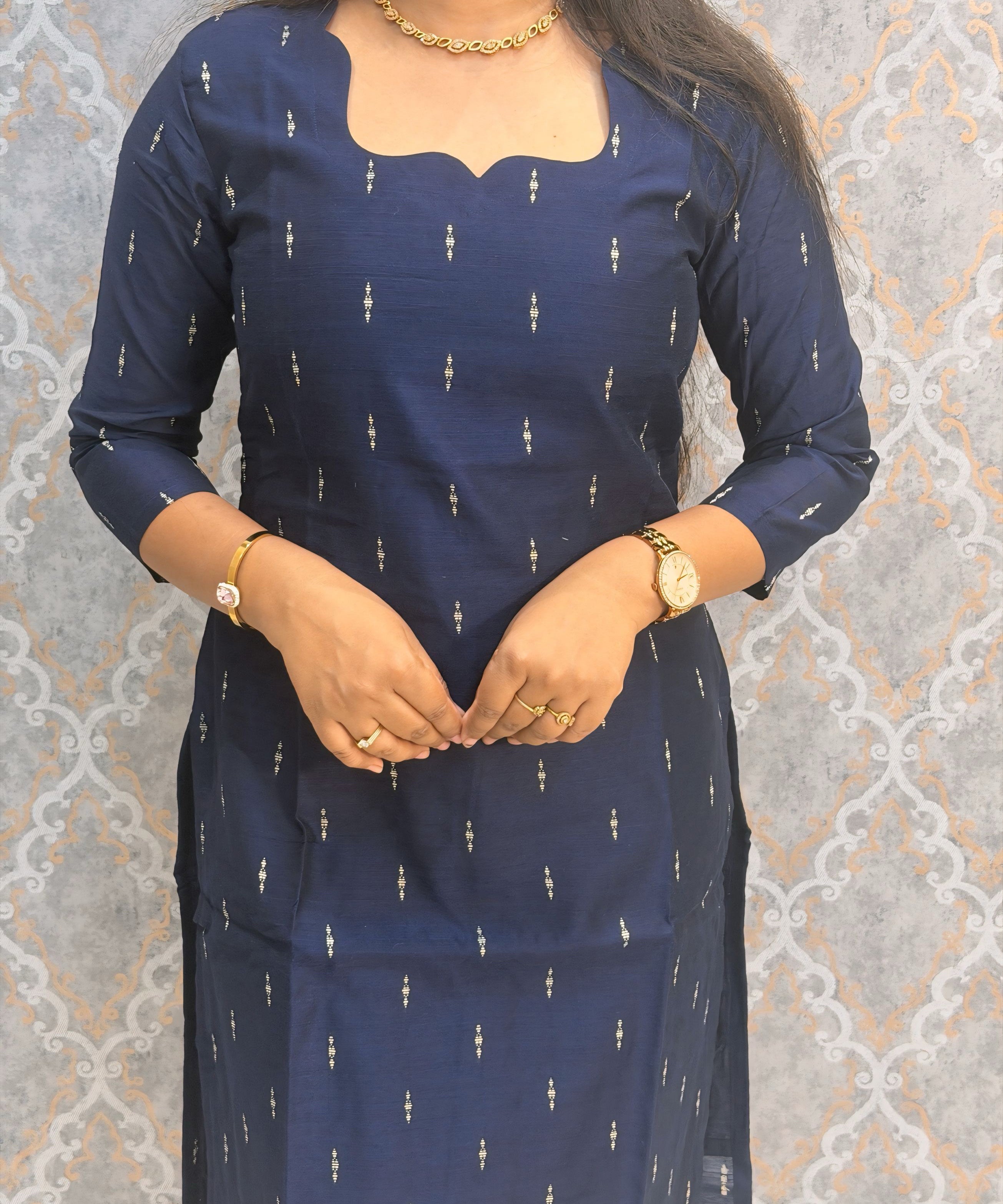 Navy Blue Color Premium Handloom Raw Silk Cotton Kurti and Tussar Silk Floral Print Dupatta / HL045