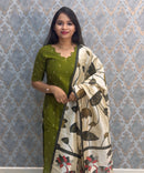 Parrot Green Color Premium Handloom Raw Silk Cotton Kurti and Tussar Silk Floral Print Dupatta / HL042